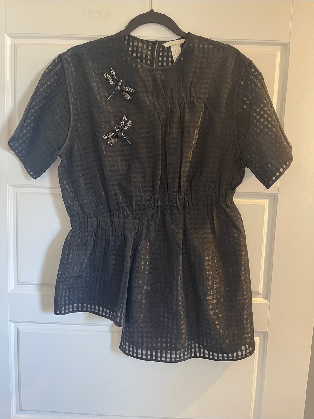 H&M Black Sheer Checkered Top with Beaded Dragonflies